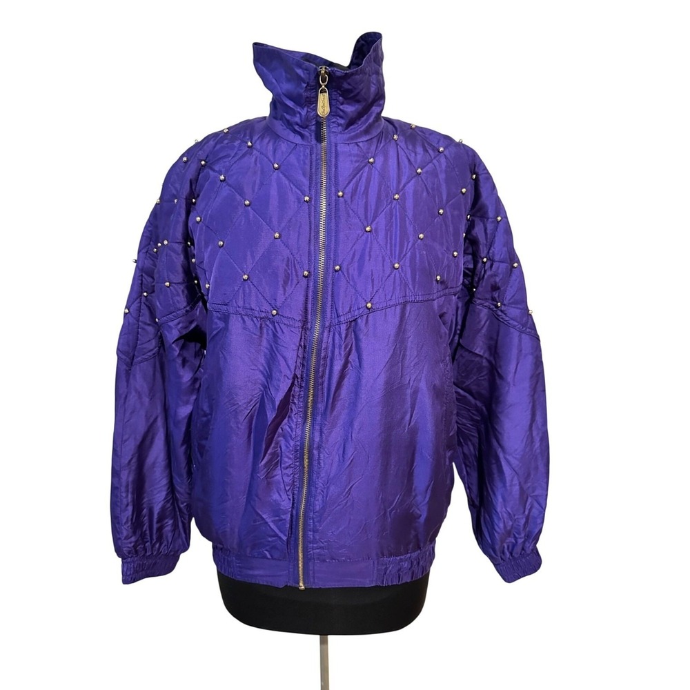 Vintage Purple Silk Bomber Jacket Quilted Bead Accent Size M Fuda Intl